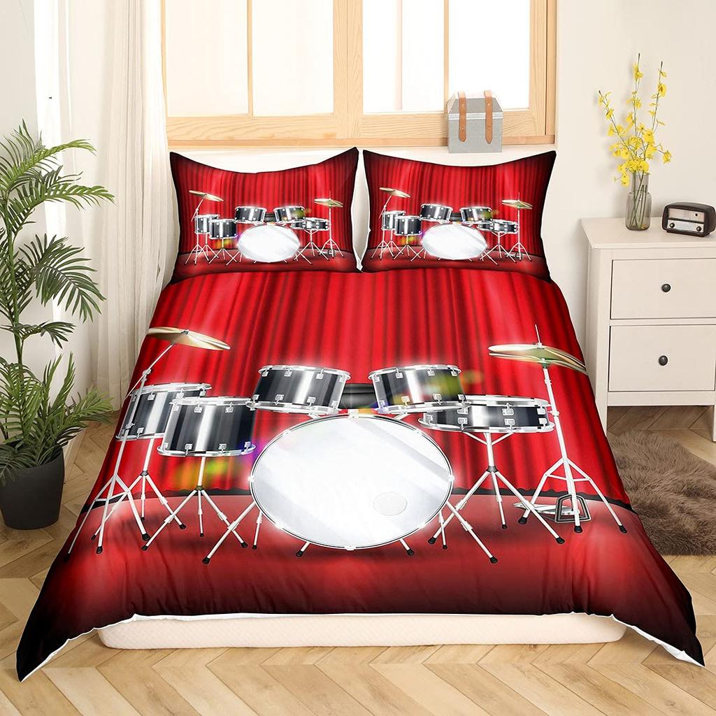Rockmusik Weiß und Schwarz Bettbezug Doodle Zeichnung Skizze Schlagzeuger Musikalische Inspirationen Monochromes Arrangement Dekorativ Kinder