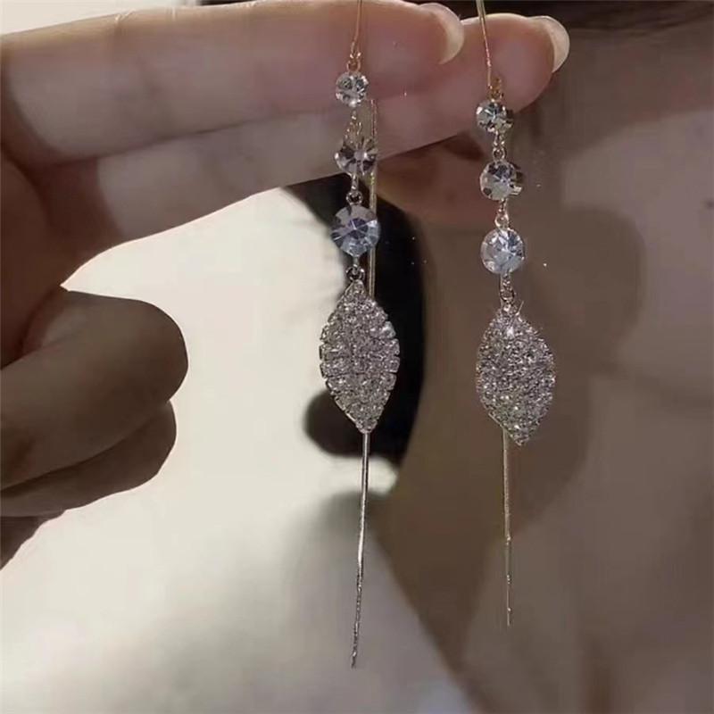 Gold Plated Crystal Leaf Tassel Drop Earrings for Women Shiny Zircon Flower Dangle Earring Wedding Party Jewelry Gift Y2k
