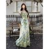 French Haute Monet Garden Green Dress Women's Summer Explosive Temperament Seaside Vacation Lotus Leaf Skirt