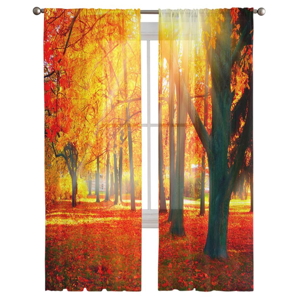 Maple Leaf Autumn Forest Landscape Tulle Curtains Living Room Bedroom Decoration Voile Window Party Drapes Curtain Sheer Polyester Ideal For Area