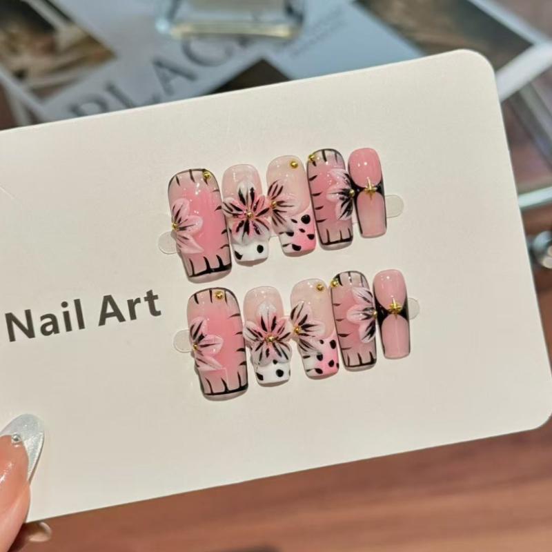 

10Pcs Pink Black Press On Nails - Hand-Painted Flower & Gold Accent Fake Nails XS