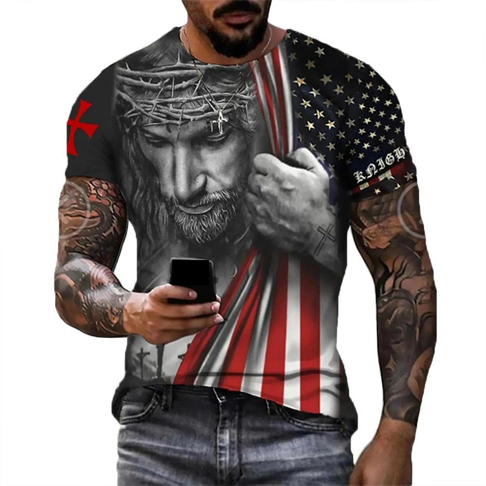 T-shirt Stampata con Croce di Gesù Cristo T-shirt da Uomo Classica Outdoor Casual a Maniche Corte Taglie Forti T-shirt Top Abbigliamento Donna
