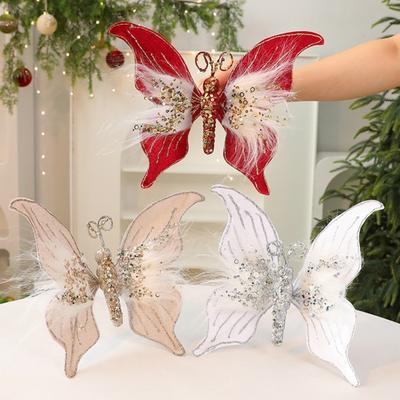 Glitter Butterfly Christmas Ornaments Artificial 3D Sequined Butterfly with Feather for Christmas Tree Crafts Flower Bouquets Fairy Garden