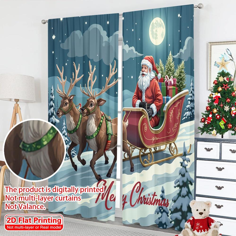 2pcs 2D Flat Printing Christmas Party Curtain Santa Claus Sleigh Reindeer Snow Christmas Fabric Without Electricity Birthday