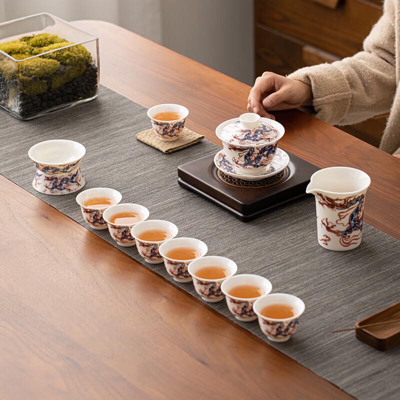 Auspicious Dragon Mutton Fat Jade Ceramic Sancai Gaiwan Kung Fu Tea Set