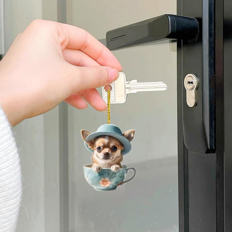 Car Dog Pendant For Rearview Mirror Car Decoration Dog Cup Design 2D Flat Acryli Car Rear View Mirror Decor Cute Car Ornament
