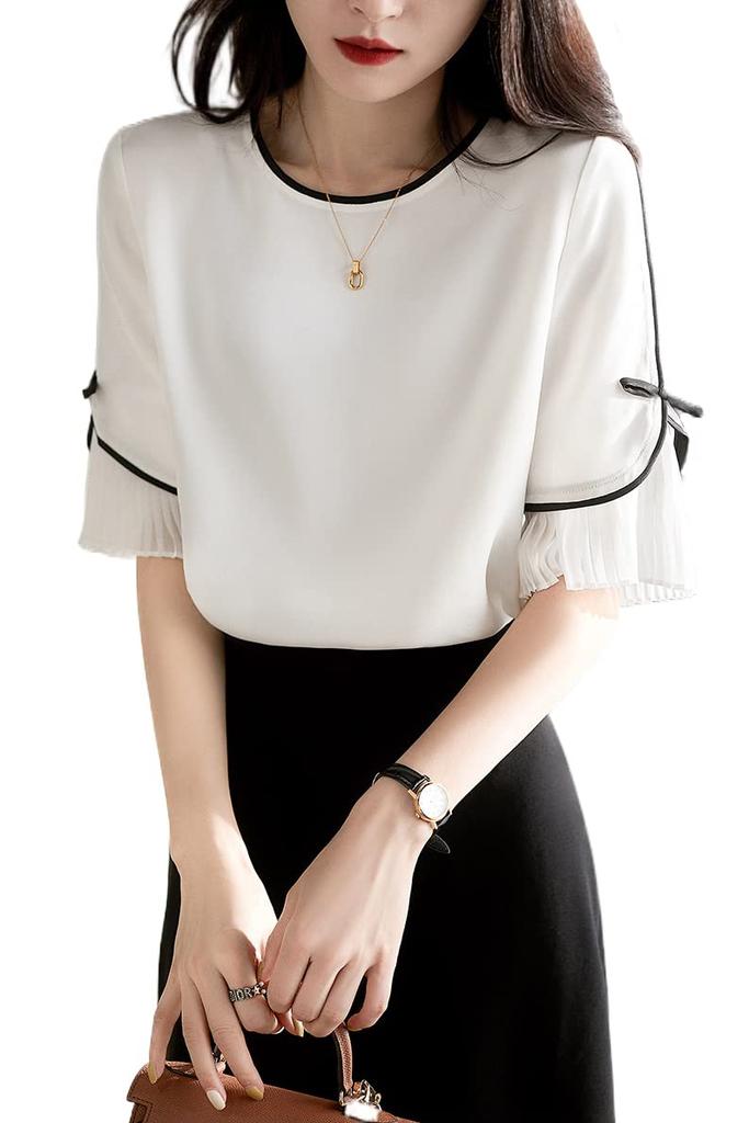 Blouse Summer Top Short Sleeve Crew Neck Pullover Chiffon Pleated Sleeves Loose Fit Stylish Feminine Clean [Seira] Women's T-Shirt
