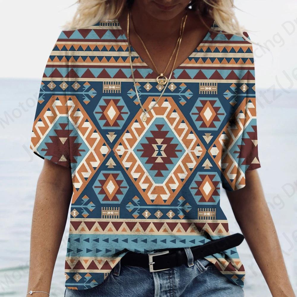 Women's T Shirt Vintage 3d Print T-shirt Women Fashion Casual V-Neck Short Sleeve Tops Tees Ethnic T Shirt Geometric Camisetas