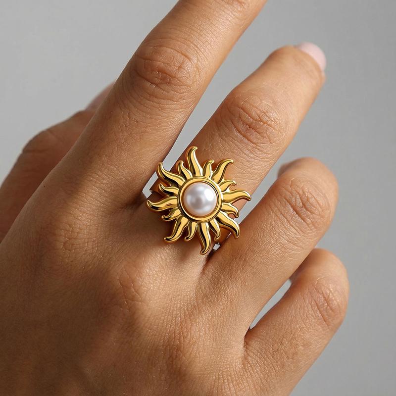 

Stainless Steel Sunflower Adjustable Ring for Women Fashion Metal Inlaid Imitation Pearl Adjustable Rings Non Fading Zircon золотий