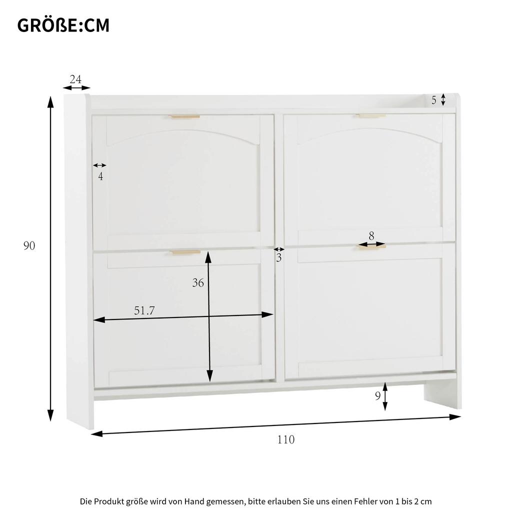 Modern Shoe Cabinet, with 4 Flap Compartments, Open Shelves, for Entrance Area or Hallway, White, Dimensions: W110/H90/D24 cm(OLD SKU:N657P201550W)