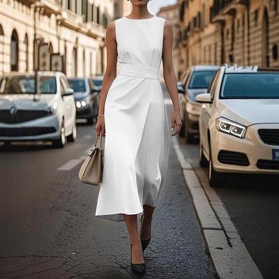 Women's Crew Neck Sleeveless Tie Waist Midi Dress Elegant Casual A Line Dress