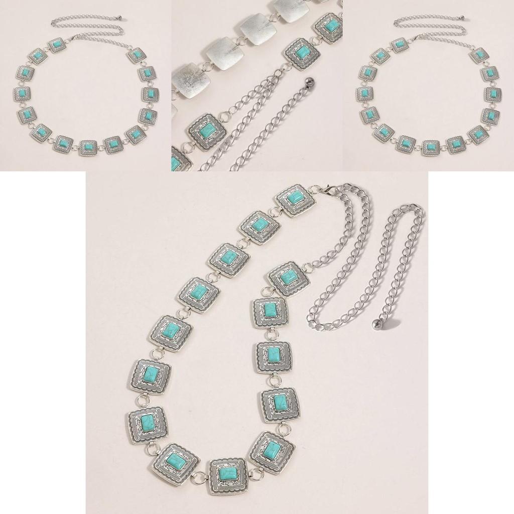 Bohemian Waist Chain With Turquoise Metal Carving For Women Summer Fashion