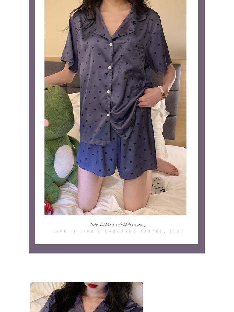 Women's Summer Short Sleeve All-Over Print Heart Ice Silk Pajama Set - Sweet & Wearable Outside