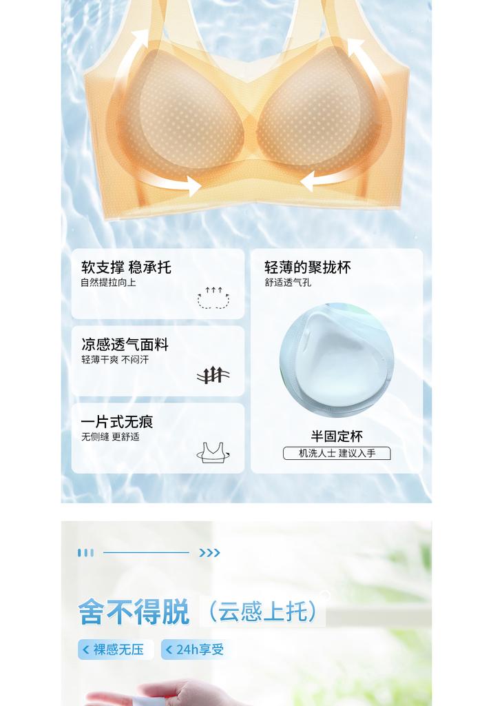 Thin ice silk lifting seamless underwear for girls in summer, with large chest and small chest, semi fixed cup, beautiful back bra, crossed back
