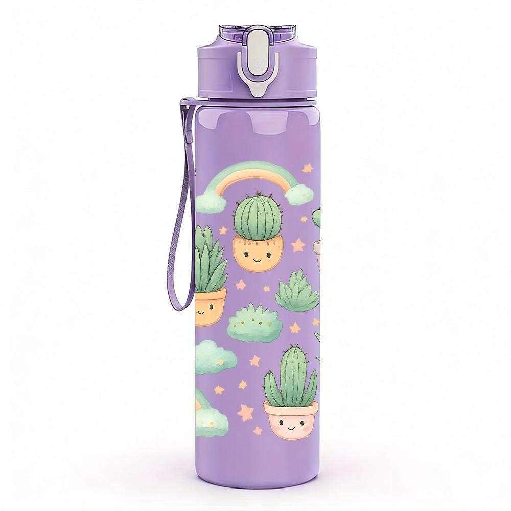 1PC Cactus Rainbow Repeat Pattern 750ml Color Plastic Sports Water Bottle Leakproof Flip Straw Lid Suitable for Sports Office Home Use