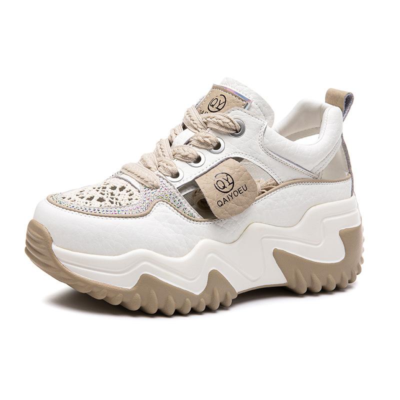 Полые туфли женские дырка дырка толстая подошва новые летние увеличивающие высоту маффин повседневные универсальные спортивные маленькие белые туфли 34 абрикосовый