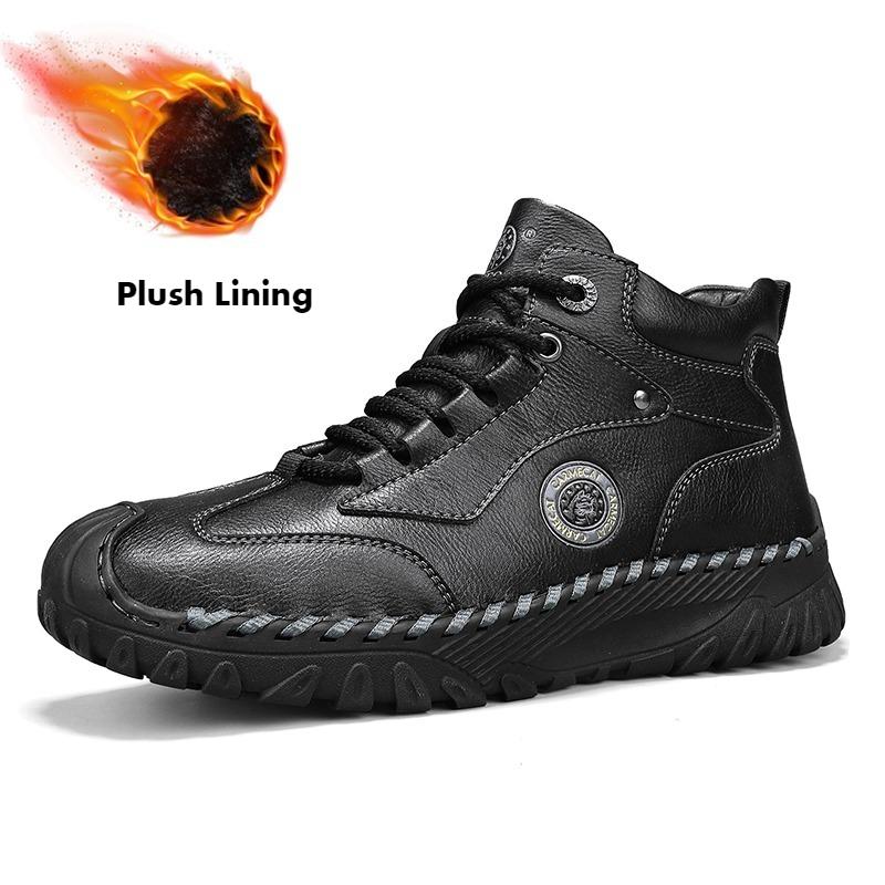 Men's High-top Leather Boots Casual Sneakers Winter Plush Shoes Snow Boots