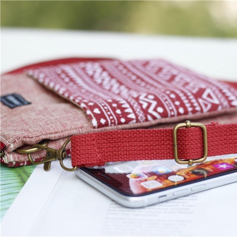 Boho Leinwand Handy Umhängetasche Ethnisches Stammesmuster Handytasche Verstellbarer Schultergurt Kleine Reise-Pass Tasche für Damen