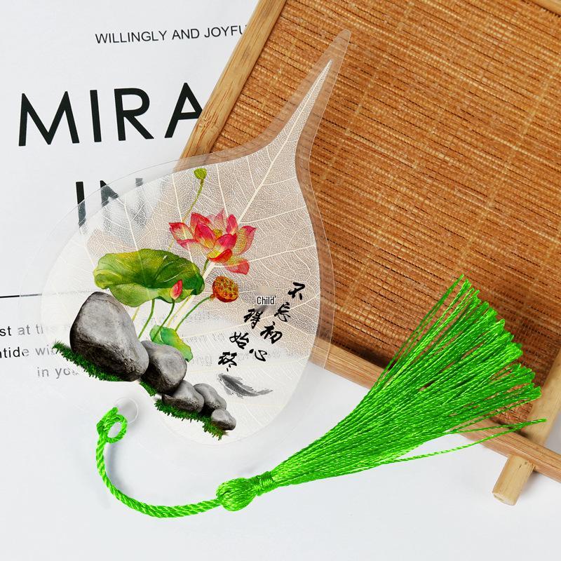 Chinese Bodhi Leaf Bookmark: Floral Ink Wash Style with Peach Blossom, Peony, and Lotus