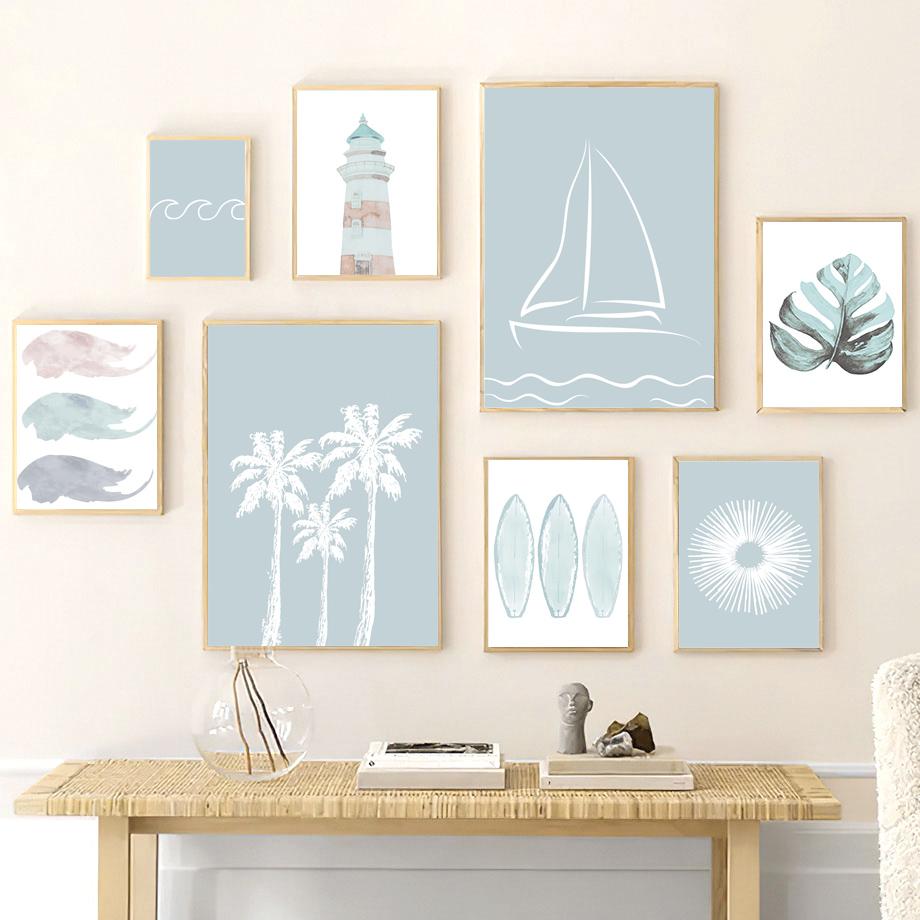 Sailboat Surfboard Monstera Palm Tree Lighthouse Posters And Prints Canvas Painting Wall Art Pictures Living Room Home Decor