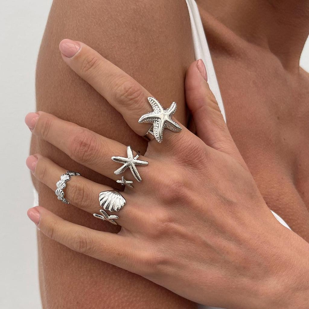 4Pcs/Set Starfish Scallop Adjustable Open Rings for Women Trendy Geometric Ring Summer Beach Jewelry Accessory