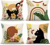 4Pcs Black Cat & Floral Cushion Covers, Retro Rainbow Moon Print Pillow Cases For Sofa Bedroom Living Room Decor 45X45Cm