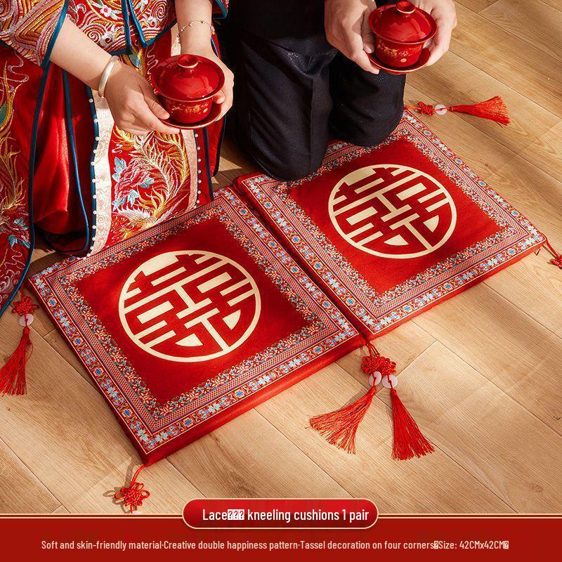 Double Happiness Wedding Kneeling Pad Set - Bride Tea Ceremony Cushions for Sitting and Celebration (Pair)