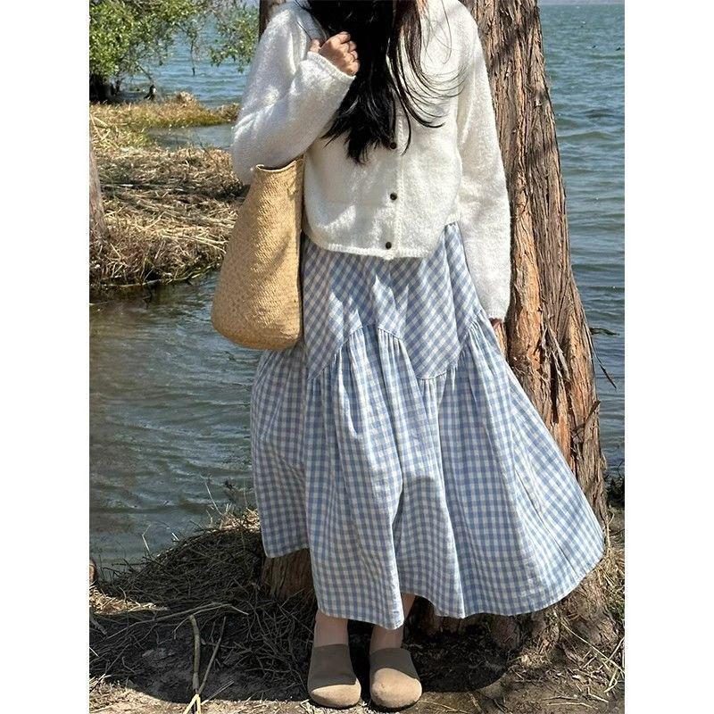 

Sweet Preppy Plaid High Waist Pleated Midi Skirt S