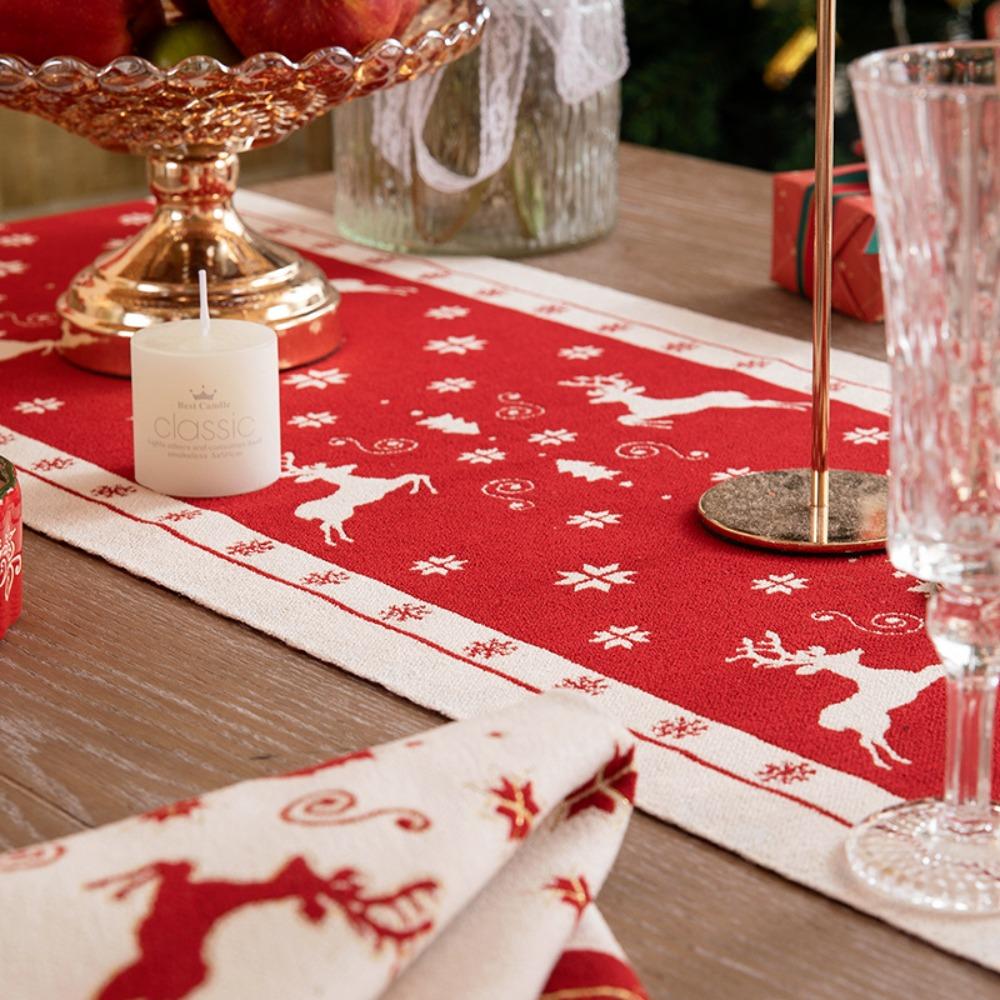 Red Christmas Table Runner Woven Jacquard Xmas Tree Holiday Bed End Flag Dresser Coffee Table Cover