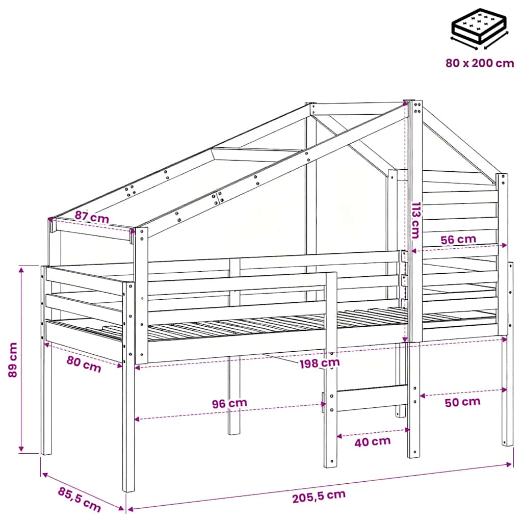 High Bed with Roof White 90 x 200 cm Solid Pine Wood