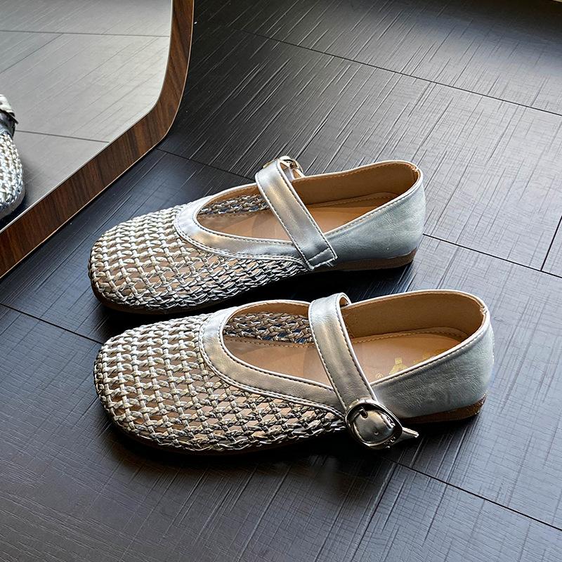 Retro Hollow Woven Mary Jane Shoes Women's 2025 Spring New Versatile One-word Buckle Single Shoes Flat Hole Single Shoes