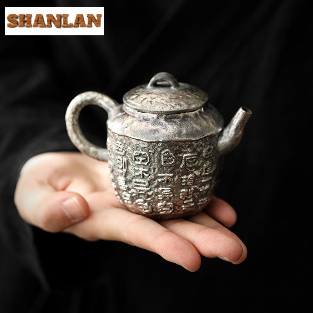 Handmade Gilt Silver Heart Sutra Teapot Japanese Coarse Pottery Pot Tea Maker Kettle Kung Fu Tea Services Accessories Ornaments