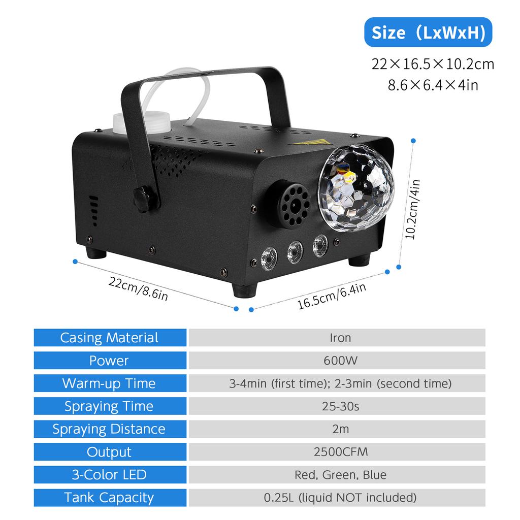 600W RGB Tragbare Nebelmaschine mit 3-farbigen LED-Leuchten Kugellicht 250ml Tank Fernbedienung Bühnennebelmaschine für