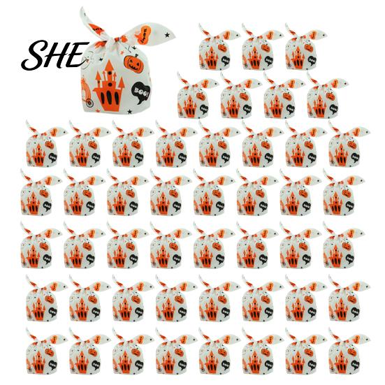 Transparent Cookie Bags with Drawstrings 48 Pcs Halloween Candy Bags, Kids Trick or Treat Goodie Cute Rabbit Small Containers for Party Ear