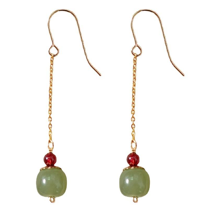 Natural Hetian jade ear hooks and ear wires with vintage-style apple beads and small garnet stones, elegant and natural earrings for women