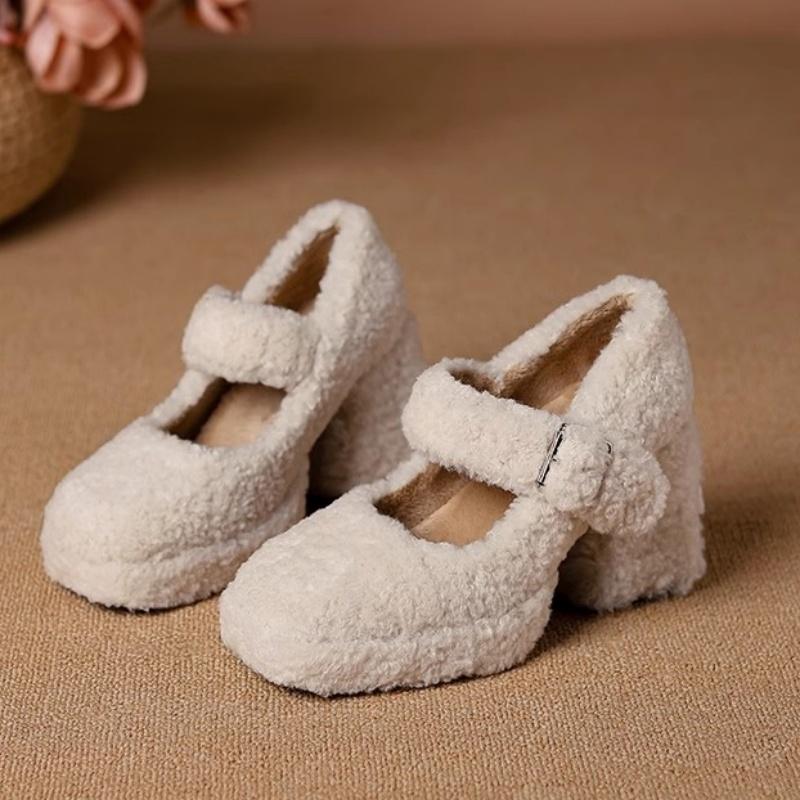 Chaussures en peluche pour femmes, vêtements d'extérieur d'automne et d'hiver, talons hauts français, chaussures Mary Jane douces