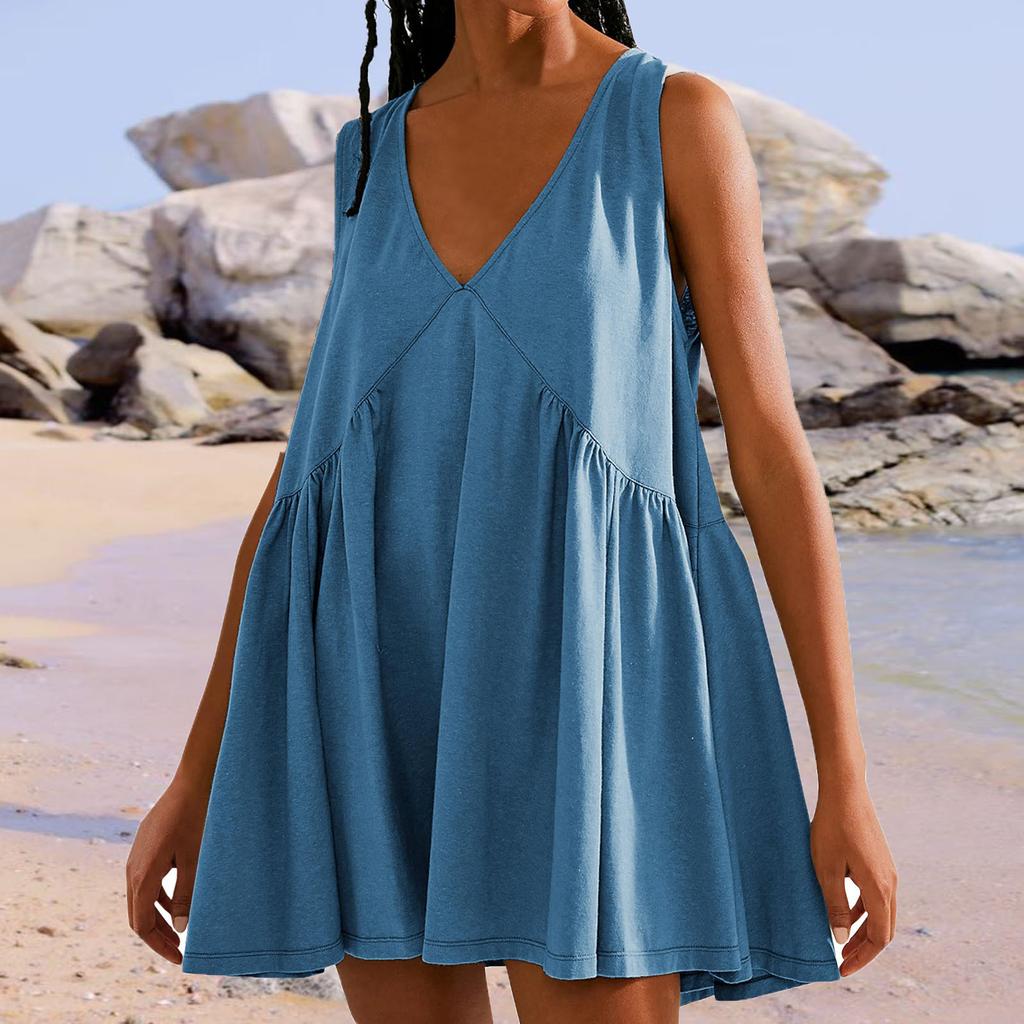 Women's Summer Sleeveless Dress Casual Loose V-neck Tank Top With Pockets