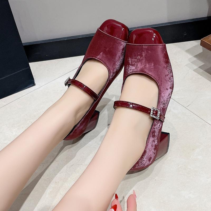 Fashion Women Spring Luxury Mary Jane Shoes Autumn Fashion Square Toe Shallow Ladies Elegant Dress Single Leather Shoes Square Heel Pump
