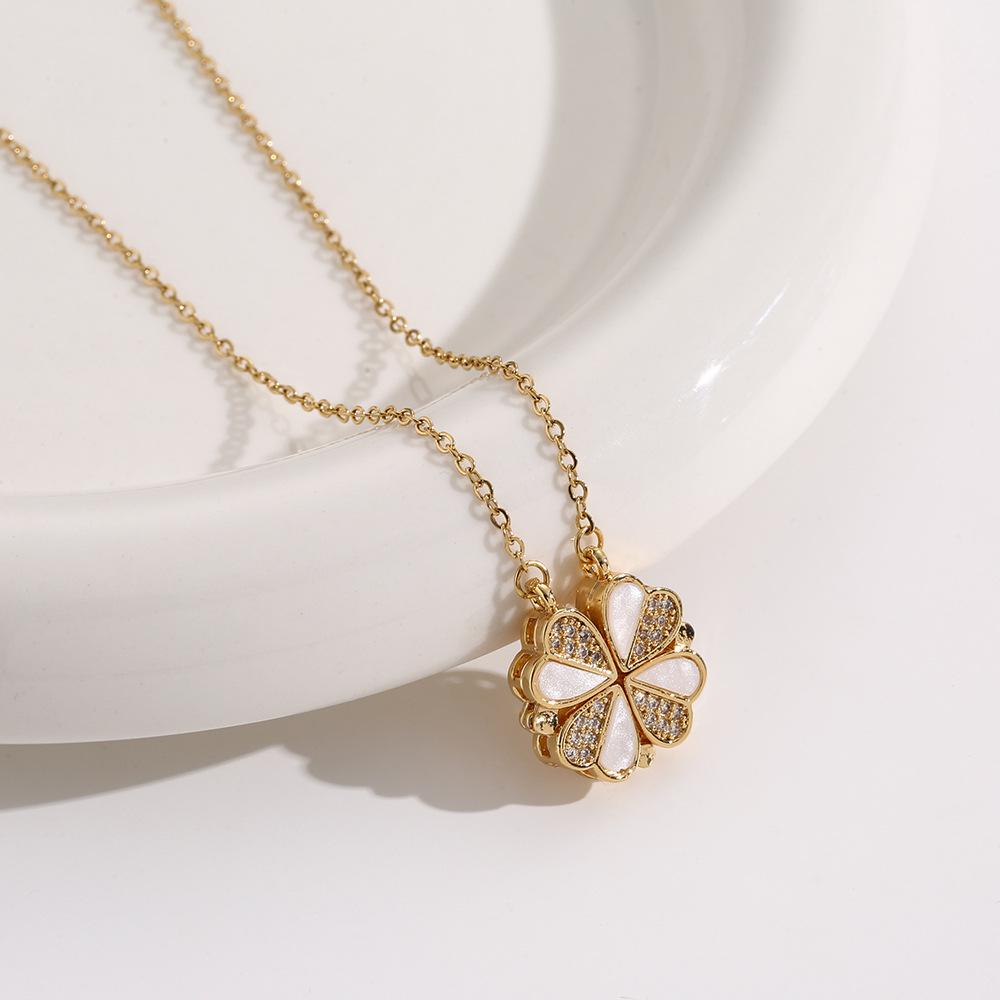 Elegant Gold-Plated Chinese-Style Four-Leaf Clover Necklace with Imitation Hetian Jade Pendant for Women