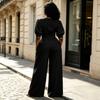 Women's Plus Size Color Jumpsuit, High Waist Round Neck, Slim Fit Top with Loose Wide Leg, Casual Everyday Wear