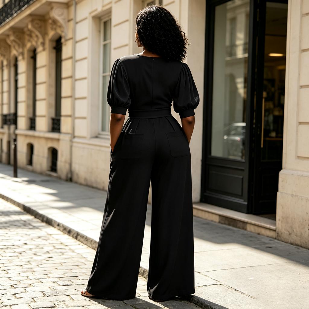 Women's Plus Size Color Jumpsuit, High Waist Round Neck, Slim Fit Top with Loose Wide Leg, Casual Everyday Wear