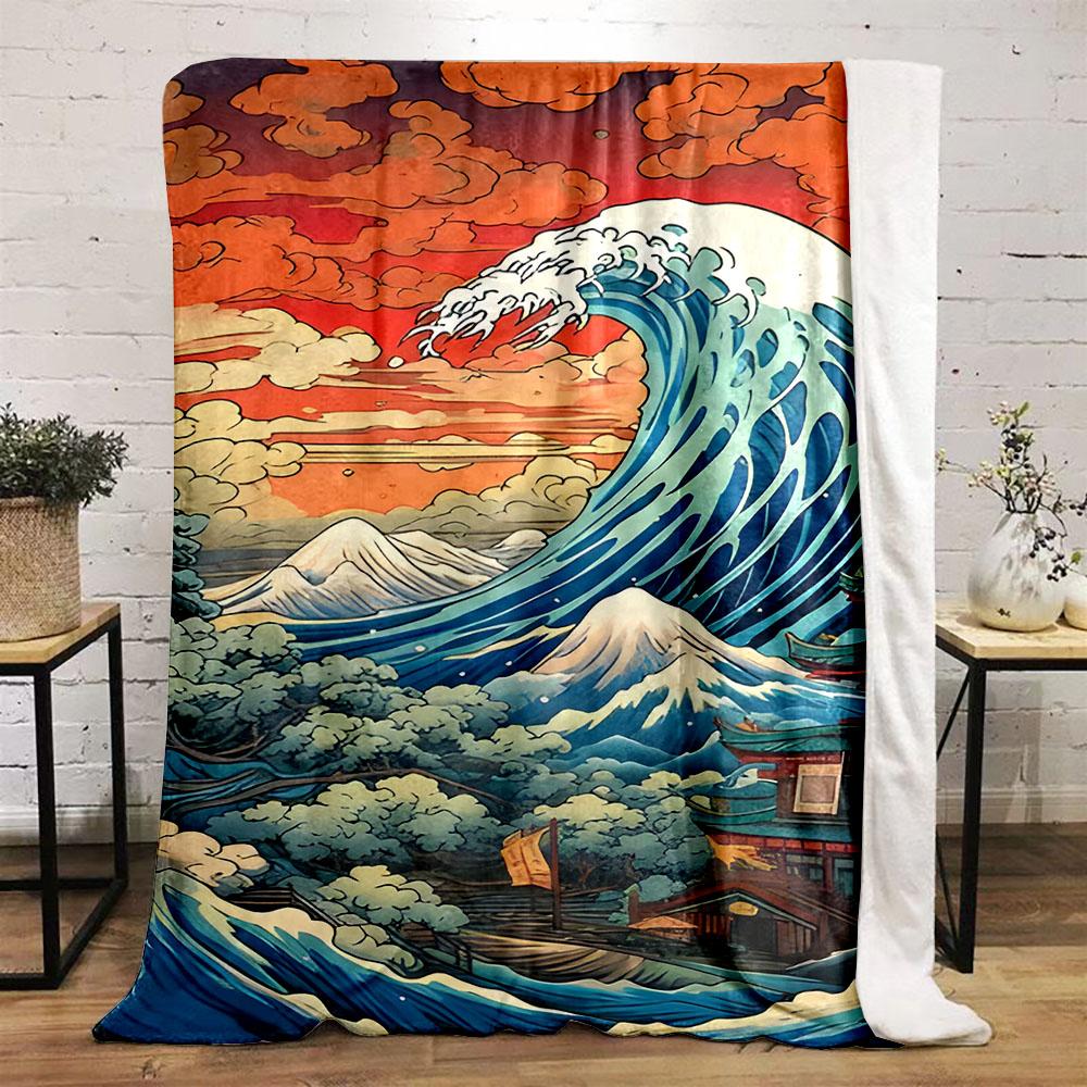 "Japanese Wave and Sunset Scene" Patterned flannel blanket perfect for the bedroom living room, sofa, or a little nap