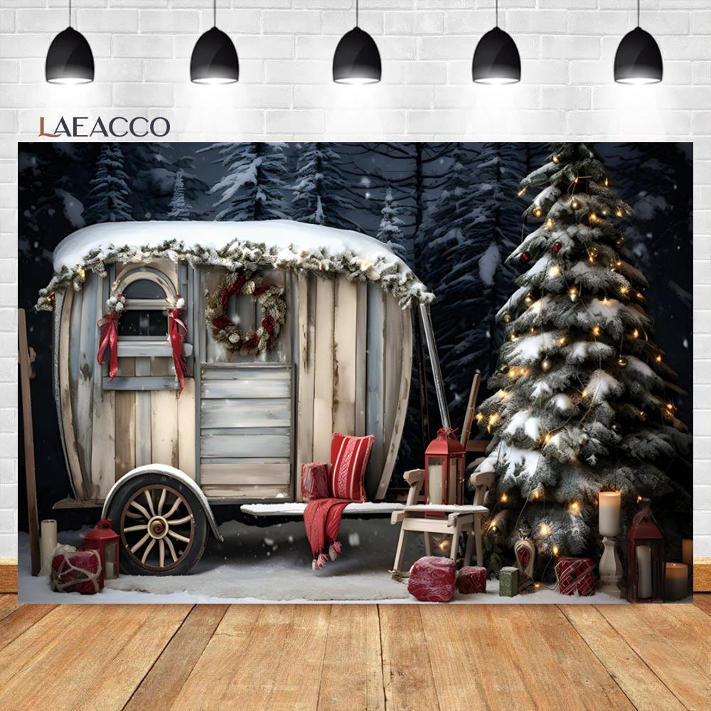 Laeacco Christmas Camper Pography Backdrop Winter Snowy Pine Trees Mini Bus Baby Birthday Family Holiday Portrait Background