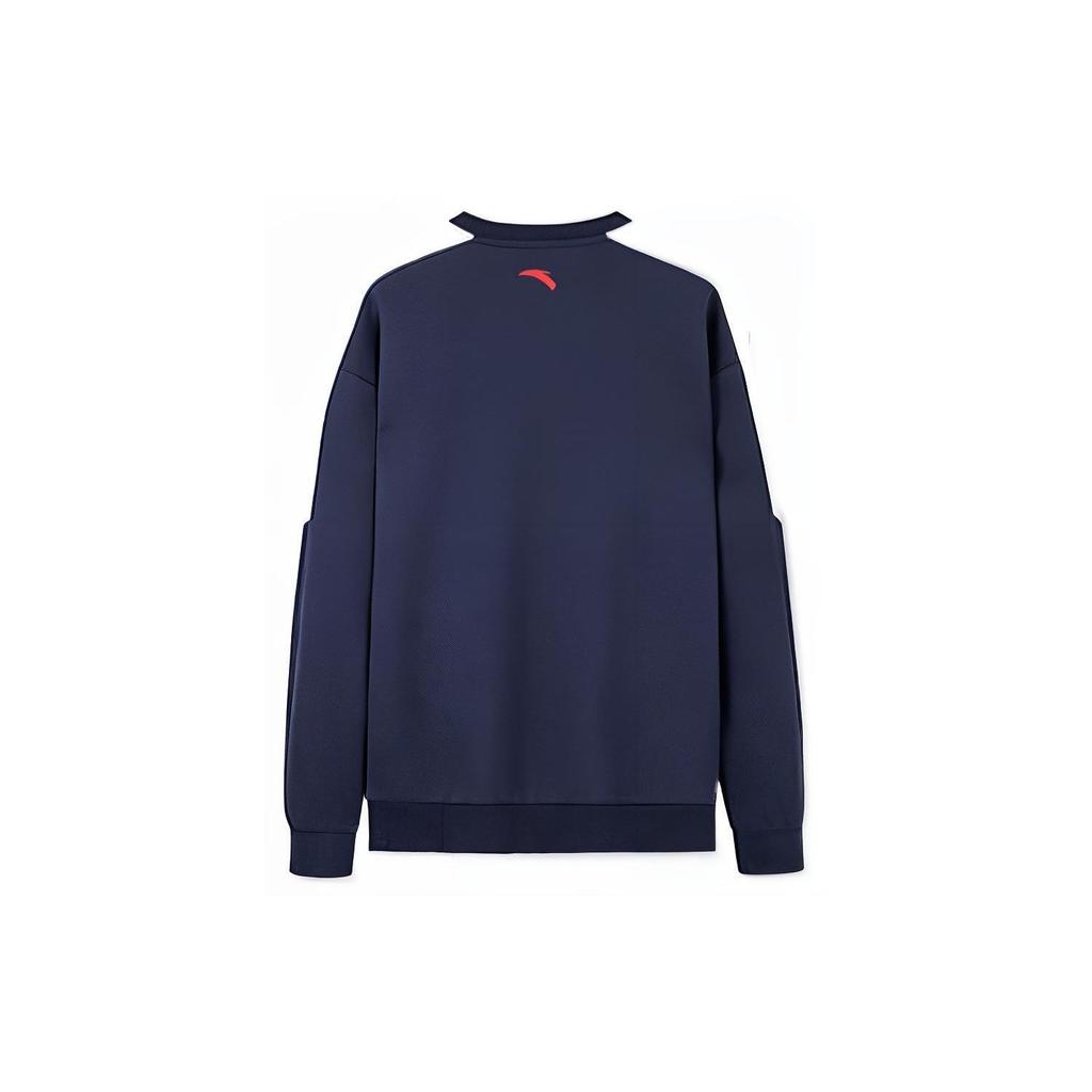 Anta Training Series Wide Stripe Design Logo Patch Pullover Round Neck Long Sleeve Sweatshirt Men Sweatshirt Blue 952237715-3