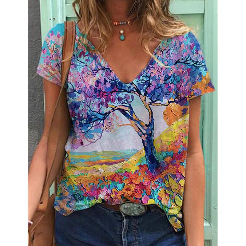 

Модные весенние блузки с принтом масляной живописи, футболки с коротким рукавом и V-образным вырезом, повседневные M жёлтый