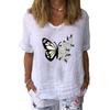 Women Fashion V Collar Short Sleeve Top Summer Casual Cotton Linen Shirt Ladies Print T-shirt