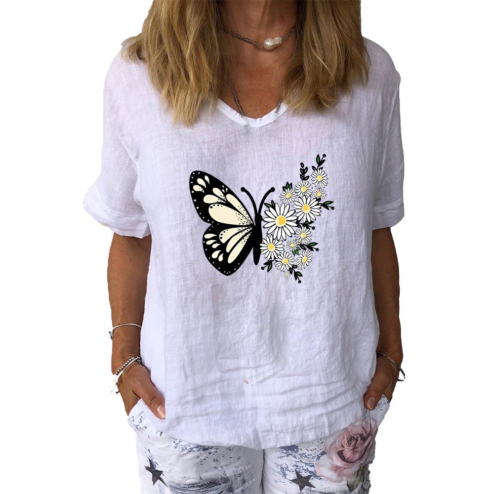 Women Fashion V Collar Short Sleeve Top Summer Casual Cotton Linen Shirt Ladies Print T-shirt