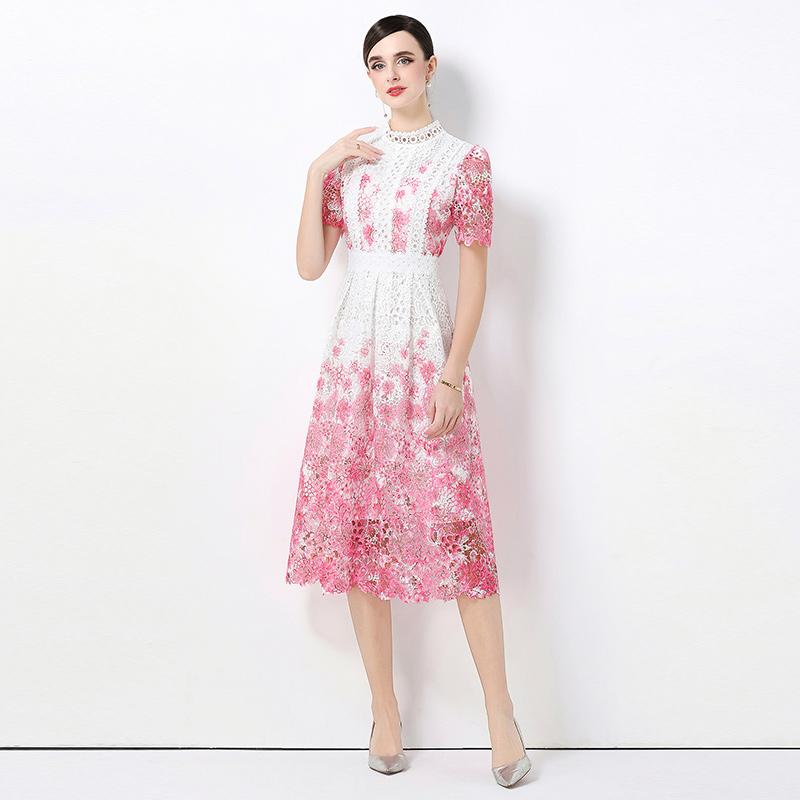 Summer Fashionable Short Sleeve Slimming Water Soluble Lace Dress Vintage Stand Collar Ruffles Splice Lace Mid-Length Dress
