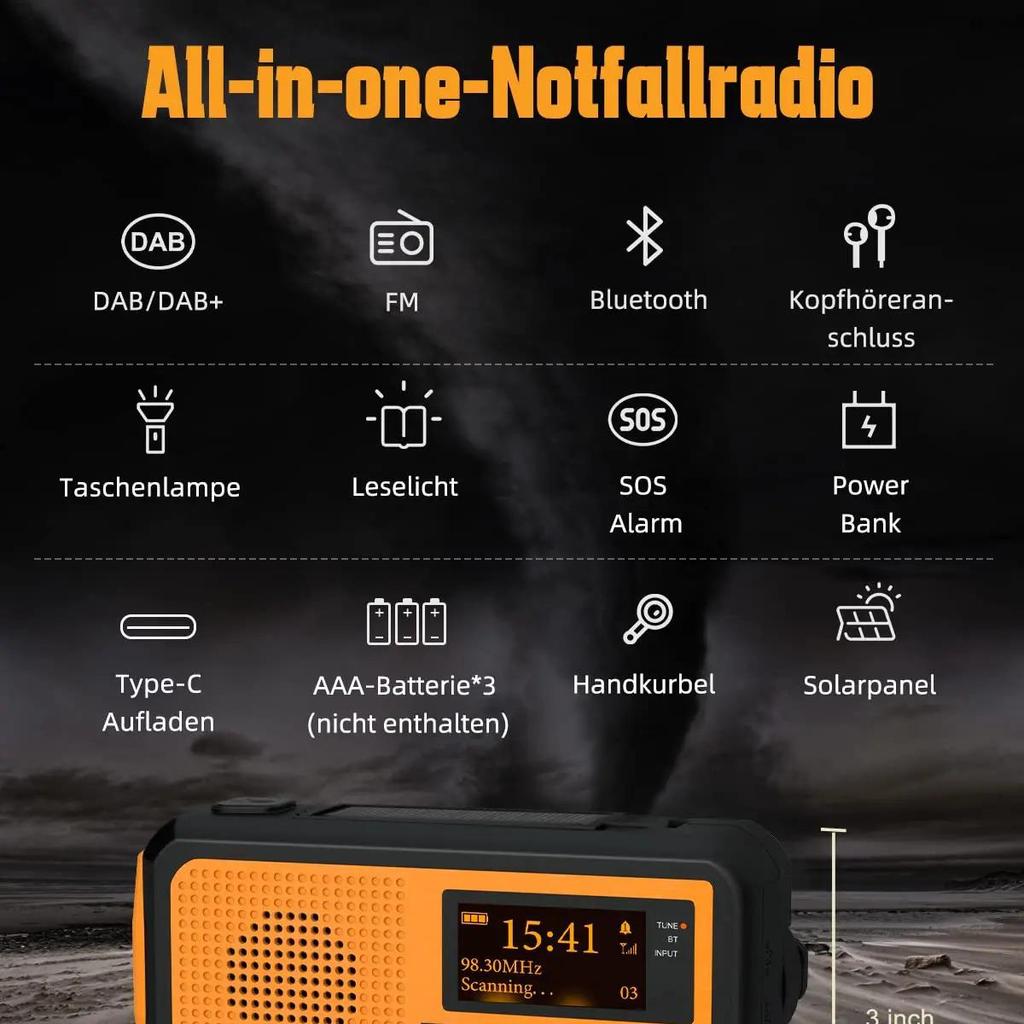 Multifunkční nouzové FM AM rádio Bluetooth reproduktory 5000mAh PowerBan DAB+ rádio Ruční klika Solární USB nabíjení