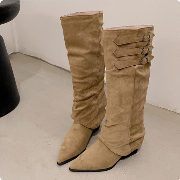 Fashion Women Knee High Boots Sexy Pointed Toe Heeled Shoes Elegant 2025 Winter Trend New Fashion Chelsea Boots Woman Chunky Pumps Mujer
